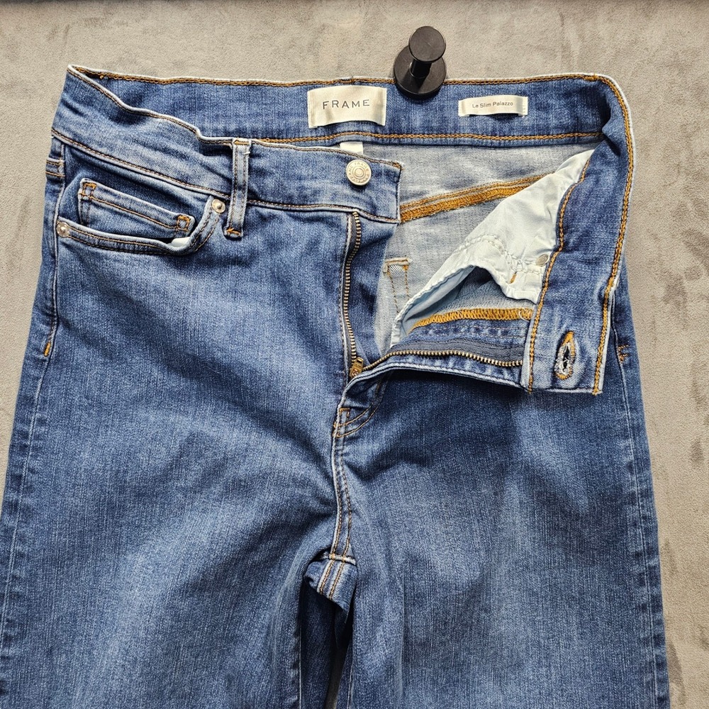 FRAME Le Slim Palazzo High Rise Wide Leg Jeans Mermaid Blue Raw Hem Size 29